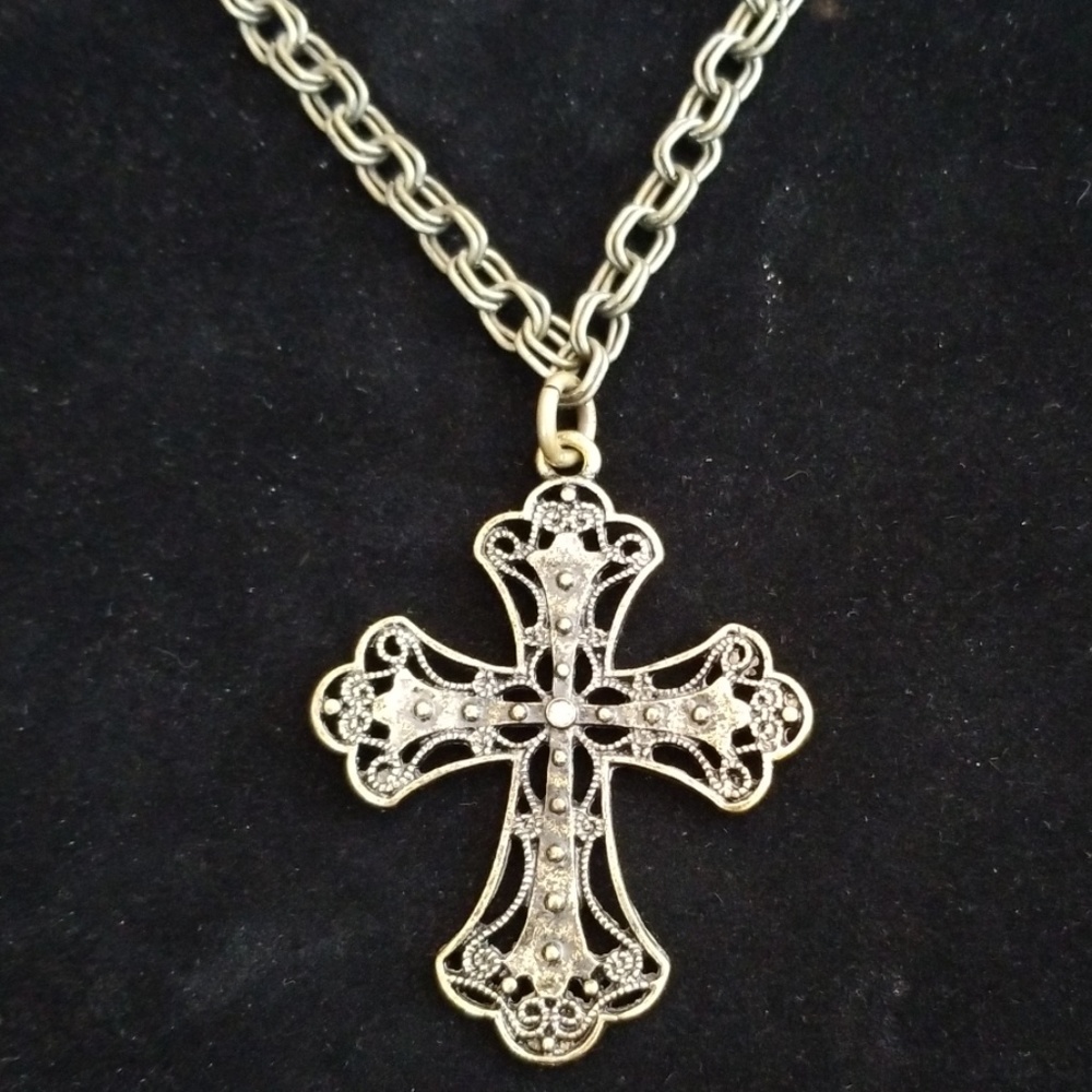 Rustic Cross Pendant Necklace Antique Goldtone Hand Crafted - Picture 3 of 10